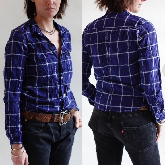 Frank & Eileen Barry Blue Plaid Cotton Button Down Crinkle Shirt Size XS - Picture 9 of 11